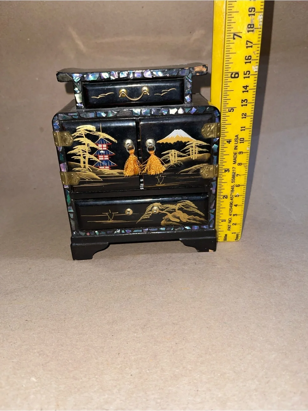 Japanese Black Lacquer Miniature Chest Tansu Jewelry Box Fuji